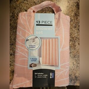 Coral Peach Colored Leaves Shower Curtain Set With Hooks